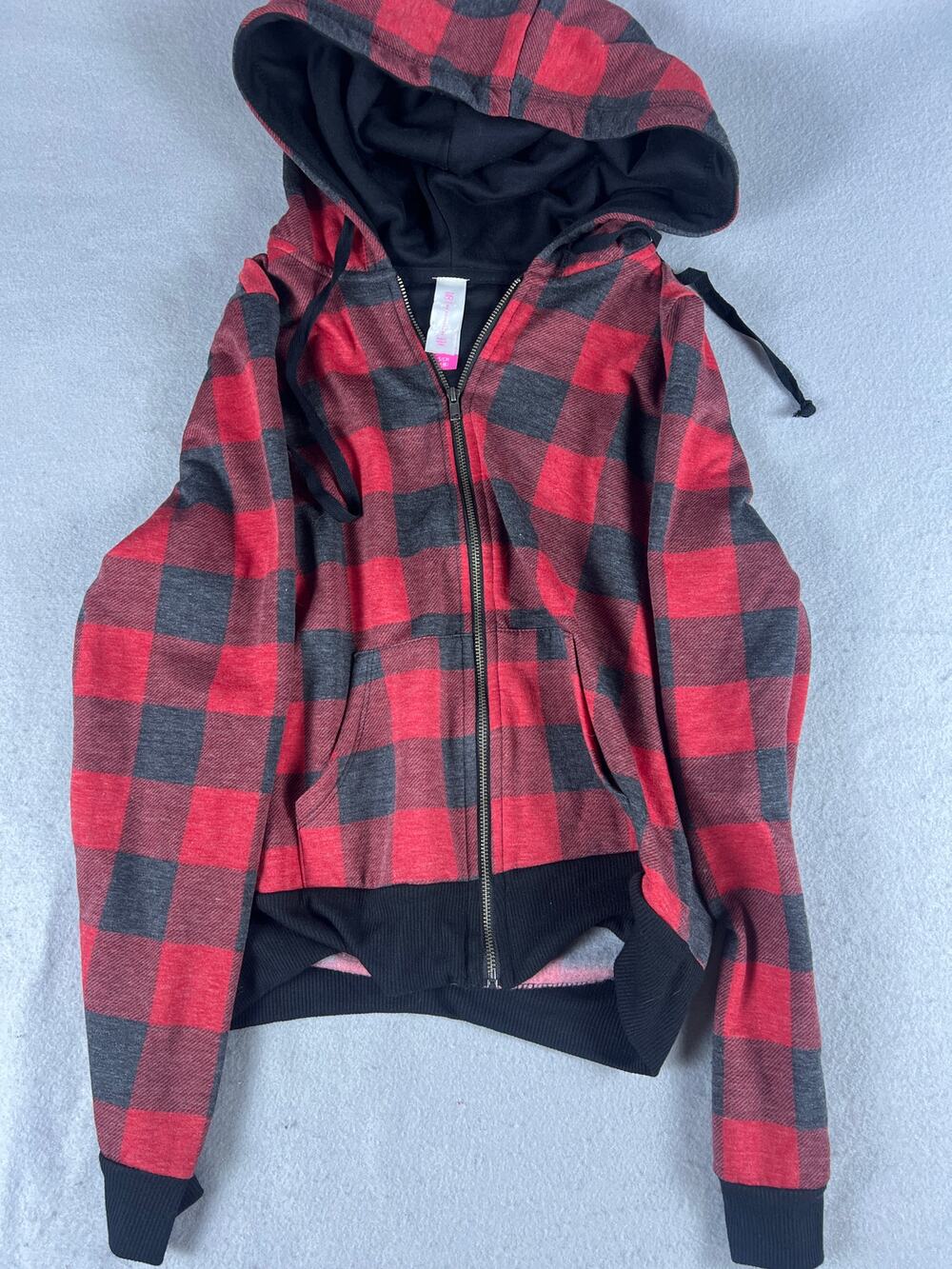 No Boundaries Hoodie Youth S Red Black Buffalo Plaid Full Zip Drawstring Jacket